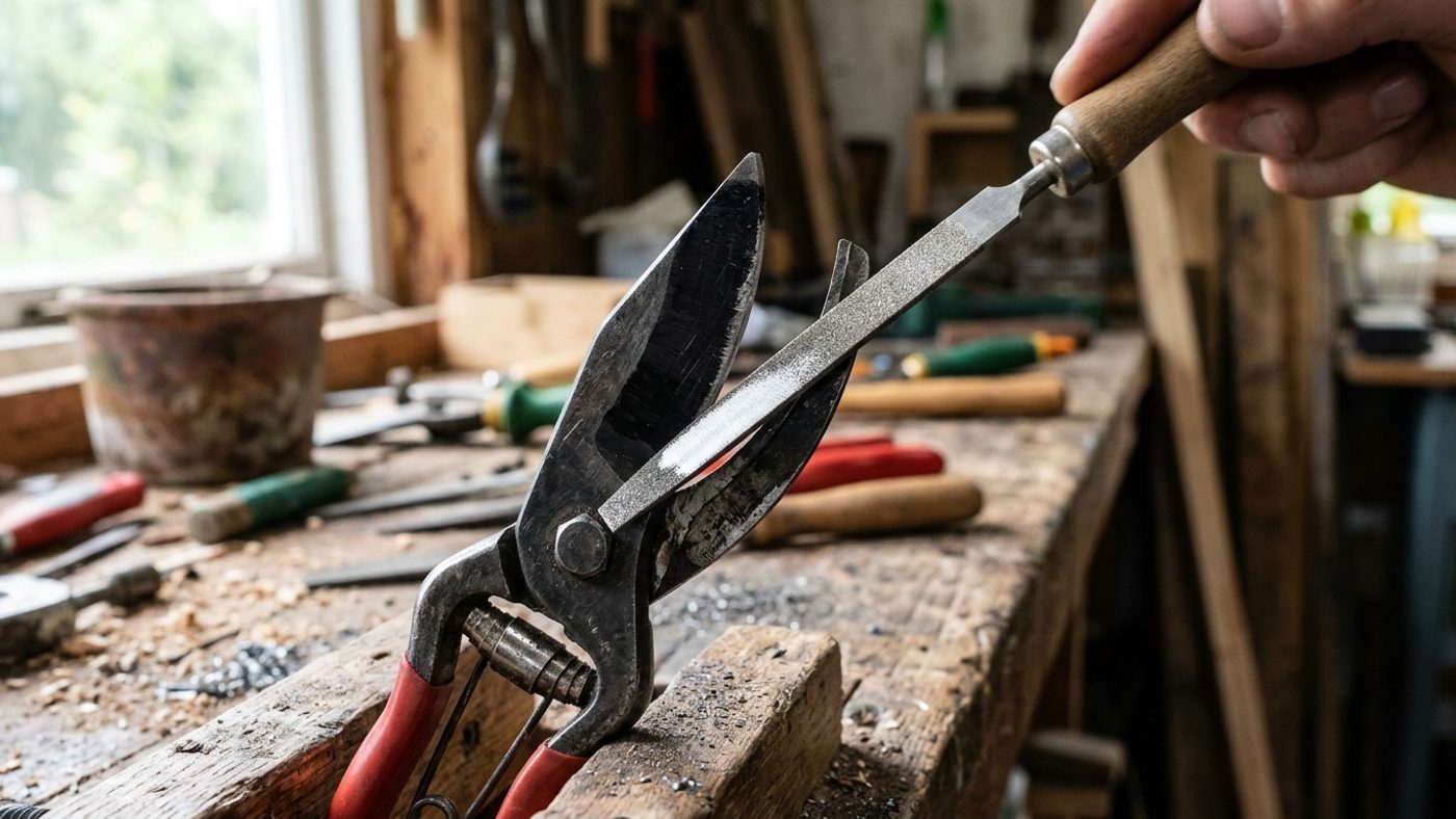 A secateur blade bevel marked with black permanent pen, partly filed away to show where material has been removed evenly across the angle