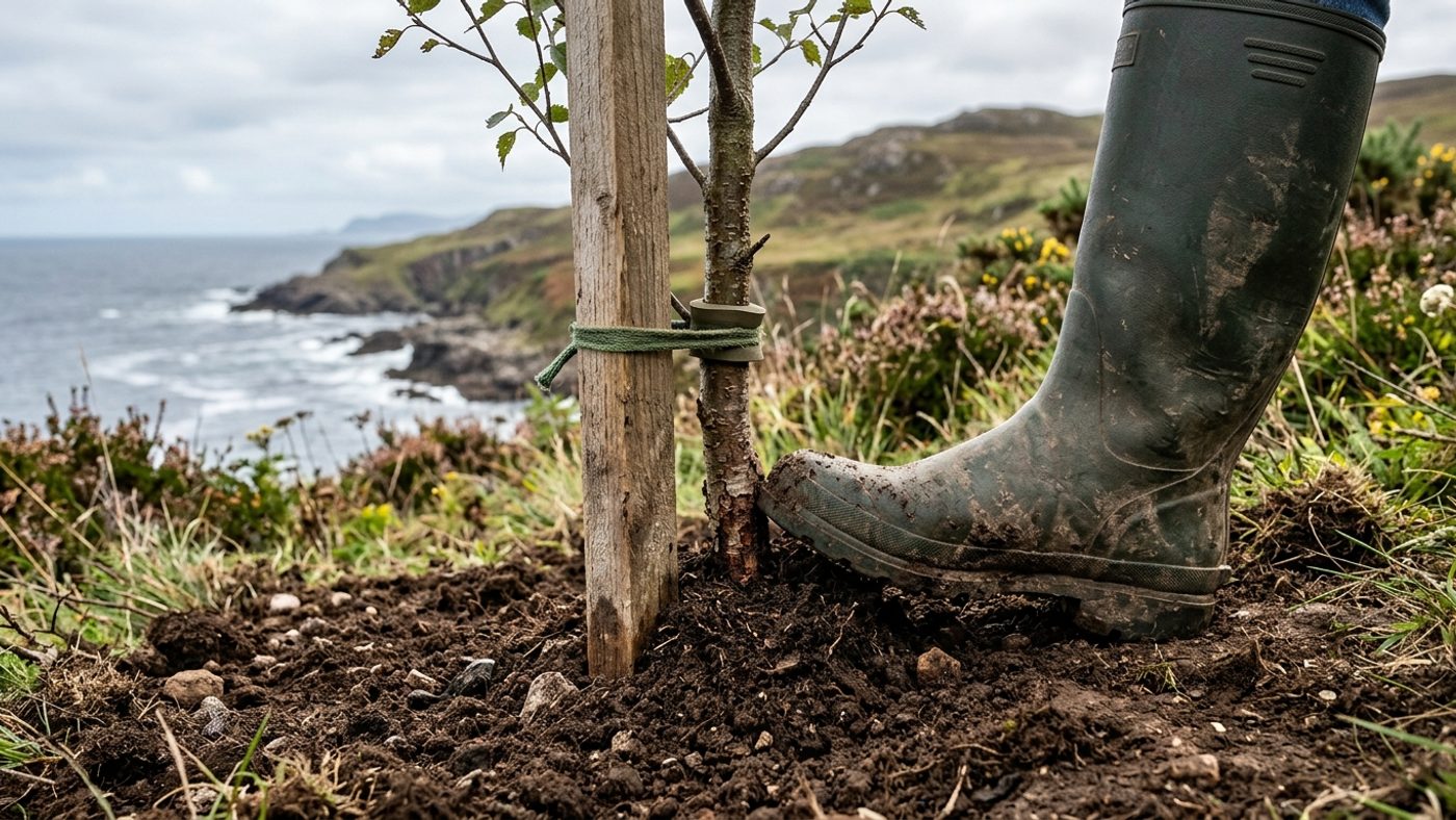 A boot firming soil back down around the base of a young, newly staked tree after a storm has loosened it