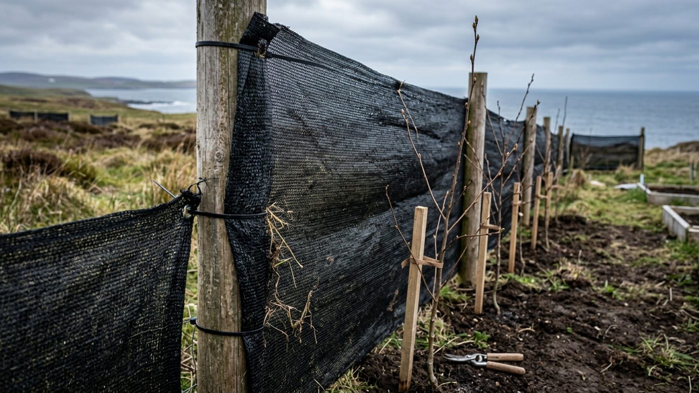 Windbreak netting staked along the outer row of young shelter belt trees to provide temporary protection while they establish