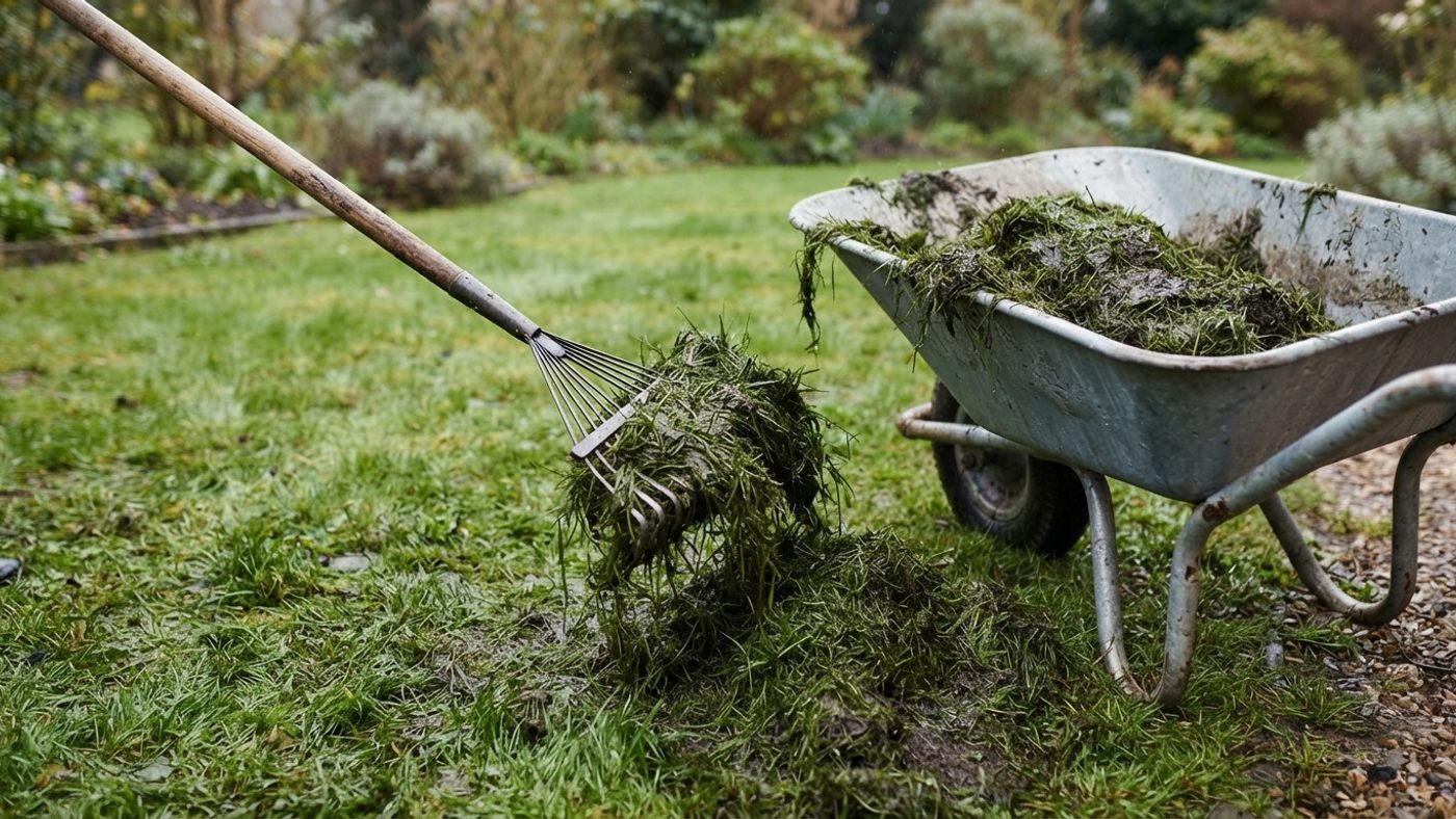 Wet, matted grass clippings being raked up into a wheelbarrow