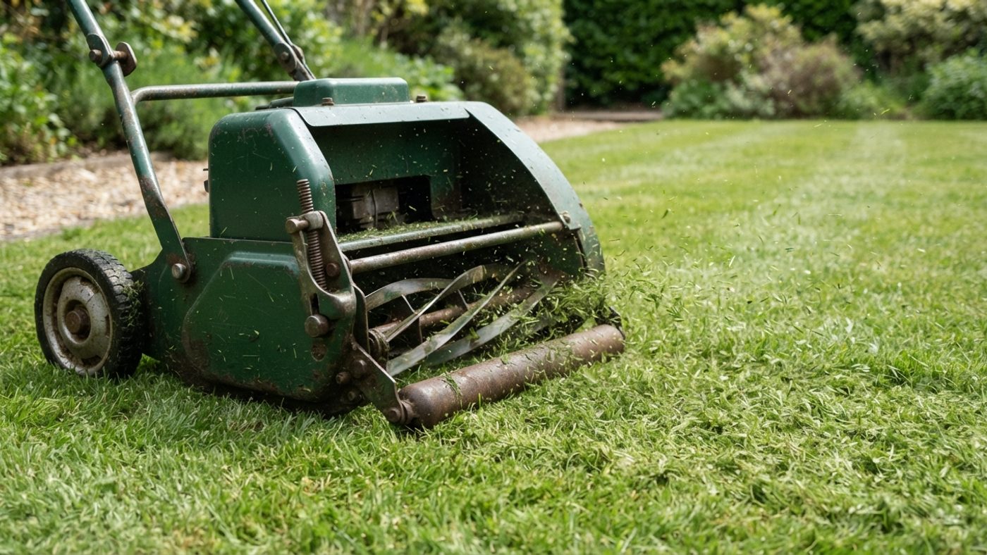 A push mower cutting a lawn, fine clippings scattering behind it