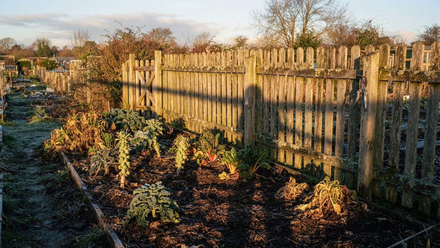 A long shadow cast by a garden fence stretching across a vegetable bed in low winter sun