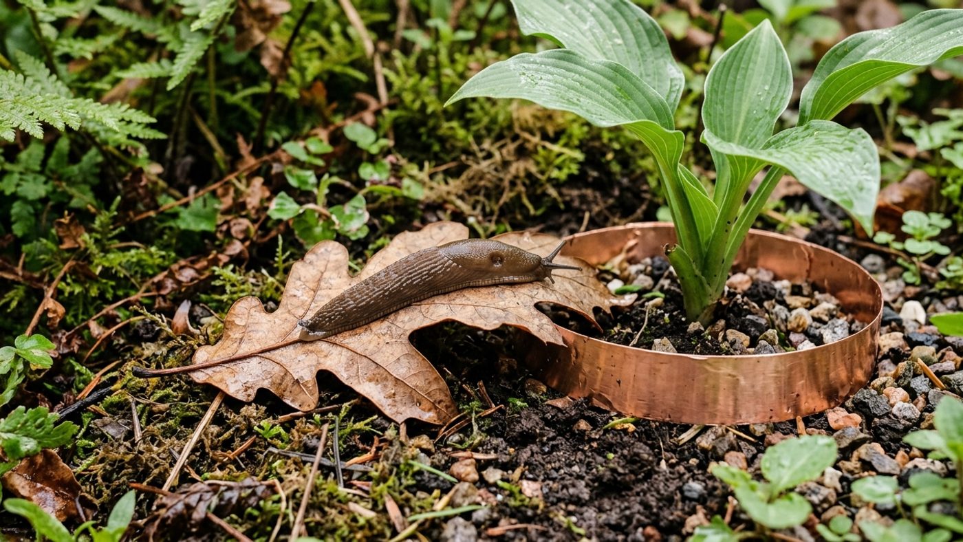 A slug using a fallen leaf to bridge across a ring of copper tape around a plant, crossing the barrier without touching it