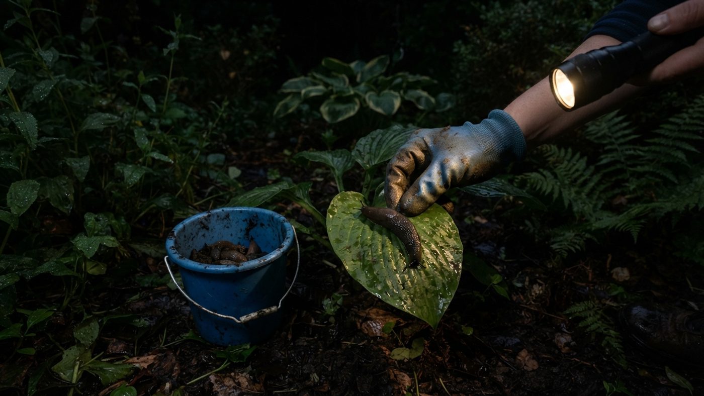 A torch beam illuminating a slug on a leaf in a garden bed at night during hand-picking