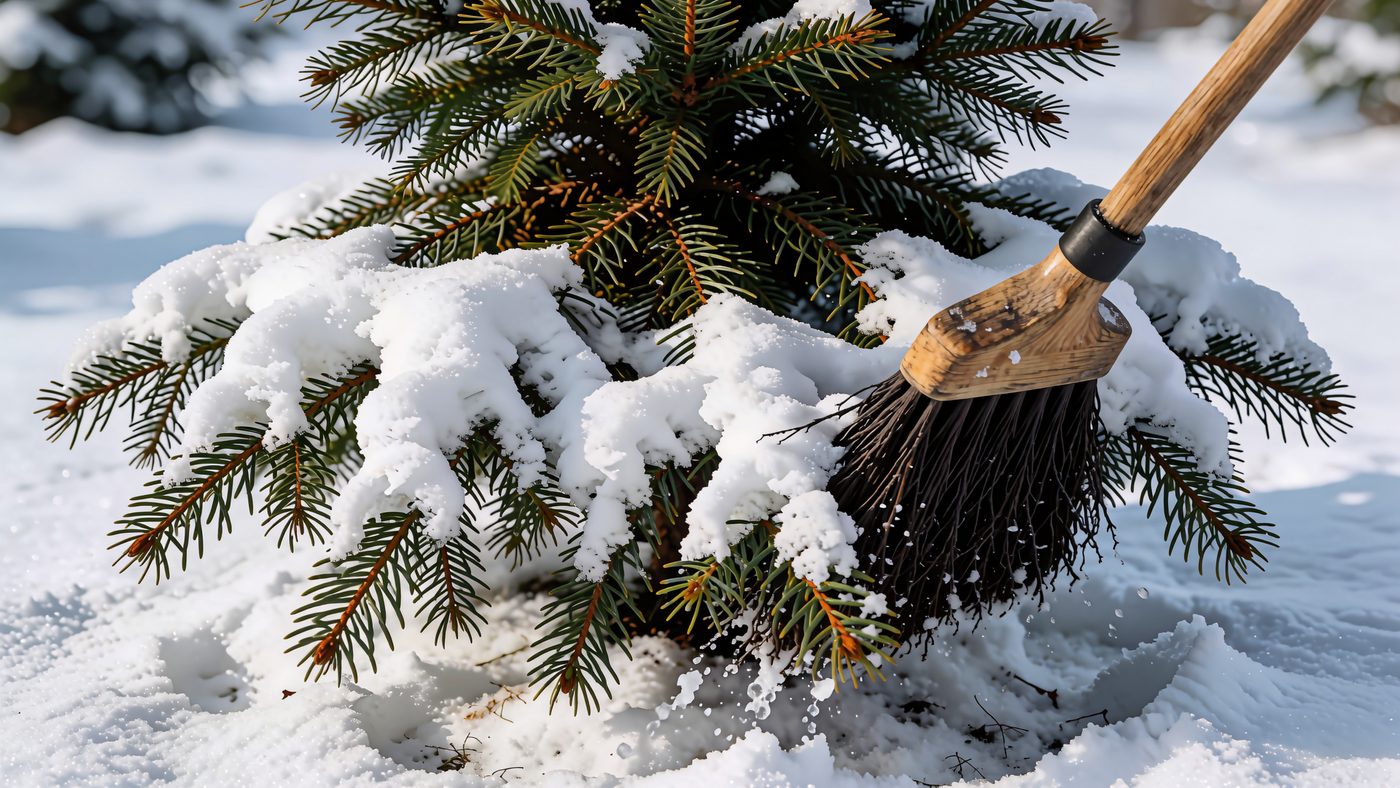 A soft broom head lifting the branch tips of a snow-laden conifer from underneath so the snow slides off