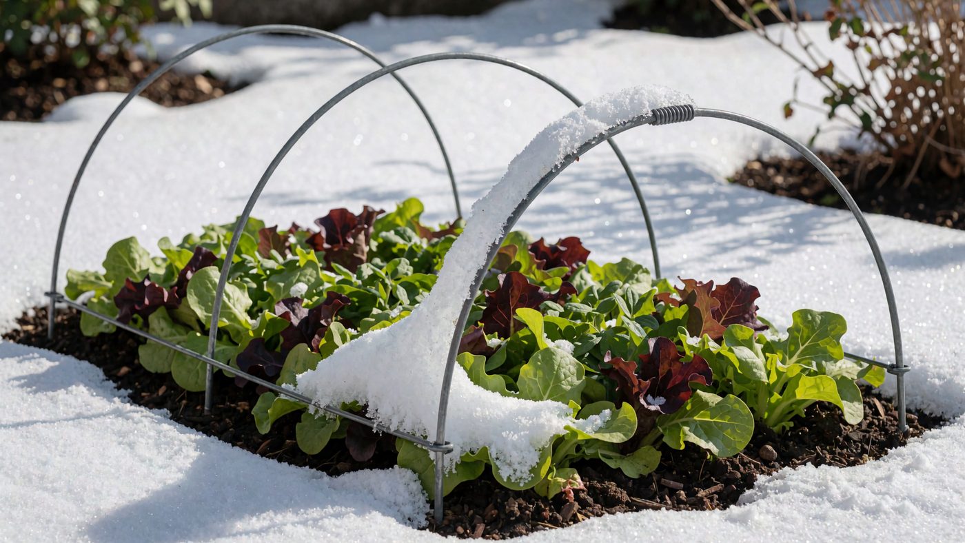 Low wire hoops over a salad bed with wet snow sitting on the cover and one hoop starting to bow inward