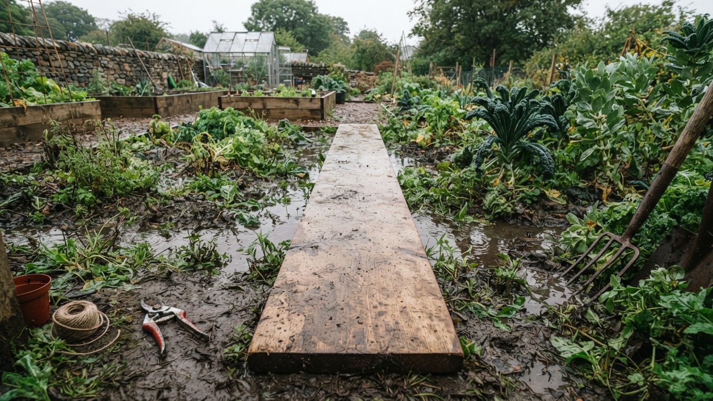 A wide wooden board laid across a waterlogged garden bed as a temporary path to spread weight and avoid compacting the wet soil