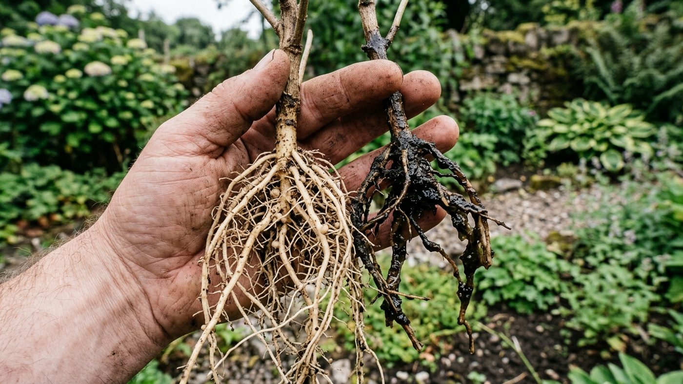 Firm, pale healthy plant roots next to dark, mushy, waterlogged roots held side by side for comparison