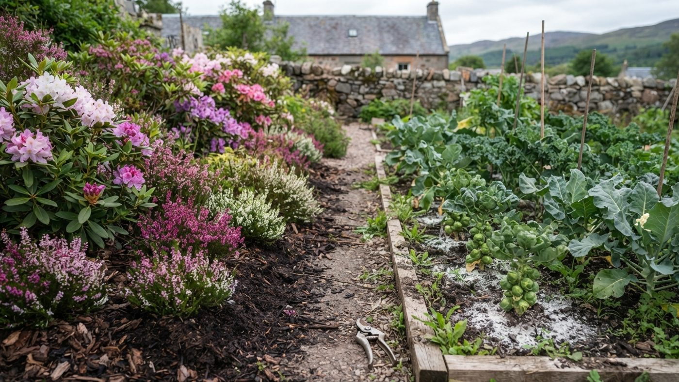 A thriving bed of heather and rhododendron in unamended acid soil next to a brassica bed growing in soil with a pale dusting of lime visible