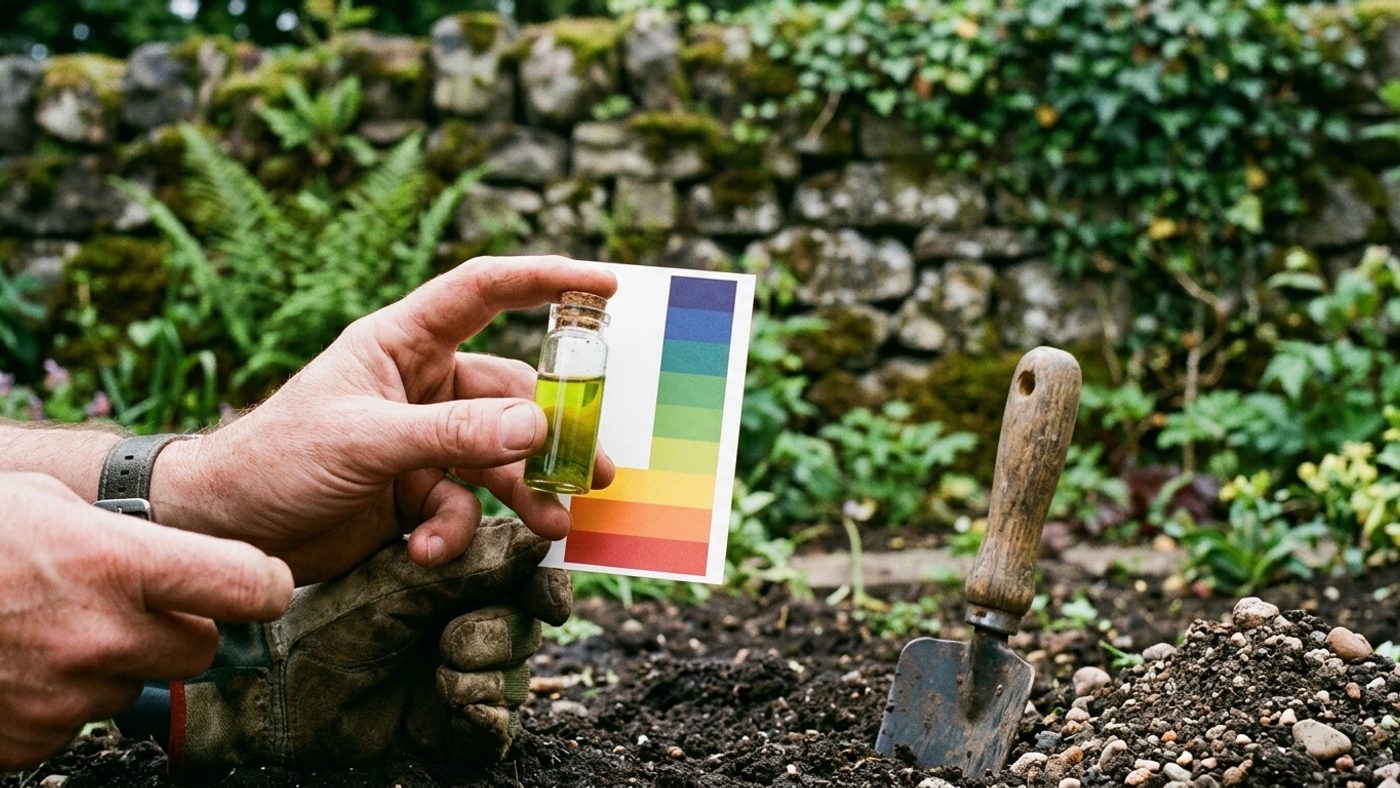 A soil pH testing kit in use, a vial of soil and coloured testing solution held against a colour reference chart