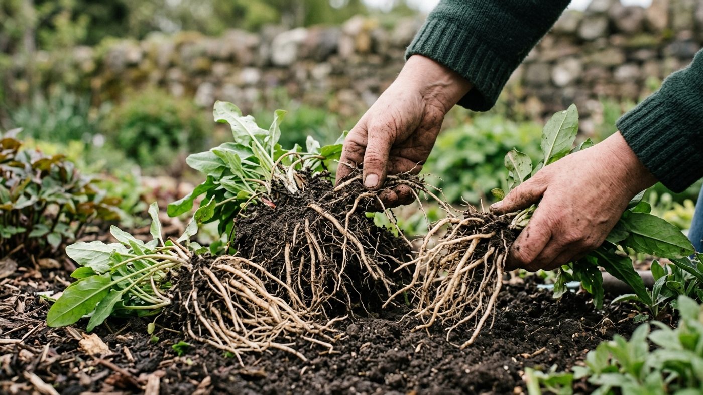A dug-up sorrel clump being split by hand into smaller pieces to keep the plant productive
