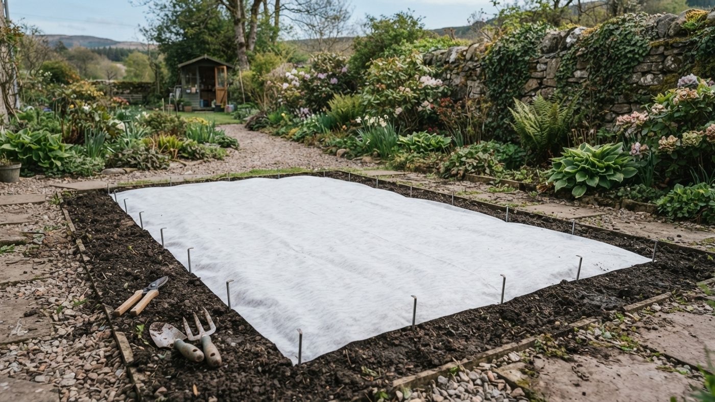 Horticultural fleece laid over a freshly sown patch of bare soil and pegged down at the edges to protect it from birds