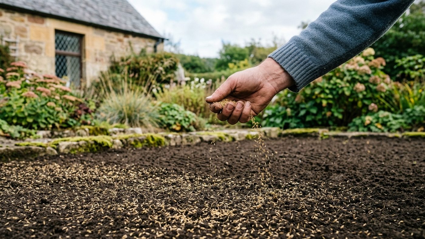 A hand scattering grass seed evenly across freshly raked, bare prepared soil