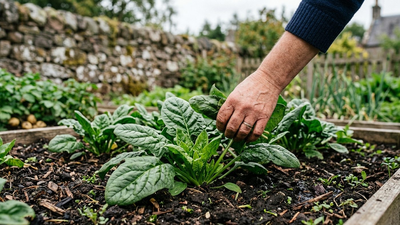 A hand picking a few outer leaves from a spinach plant, leaving the smaller inner leaves at the centre to keep growing