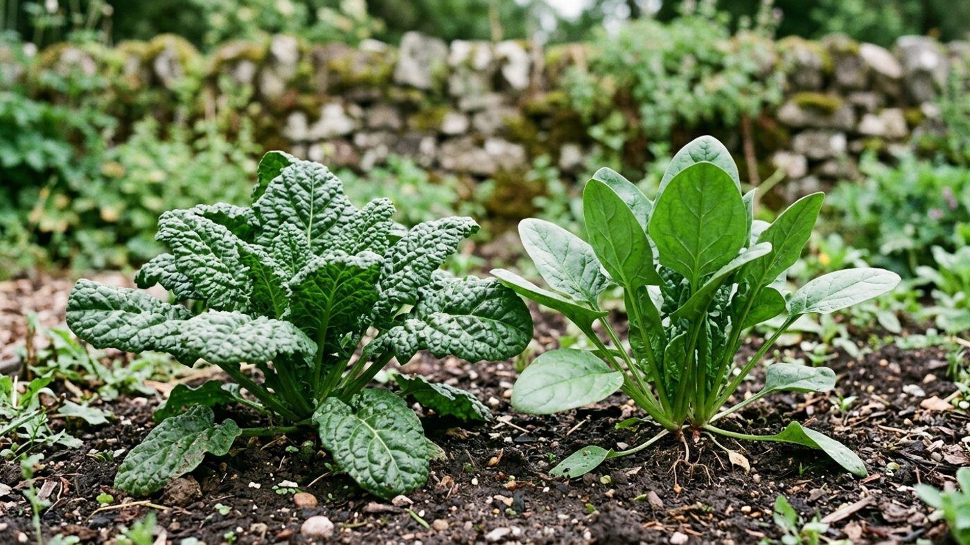 A spinach plant with large puckered crinkled savoy leaves next to one with flat smooth upright leaves