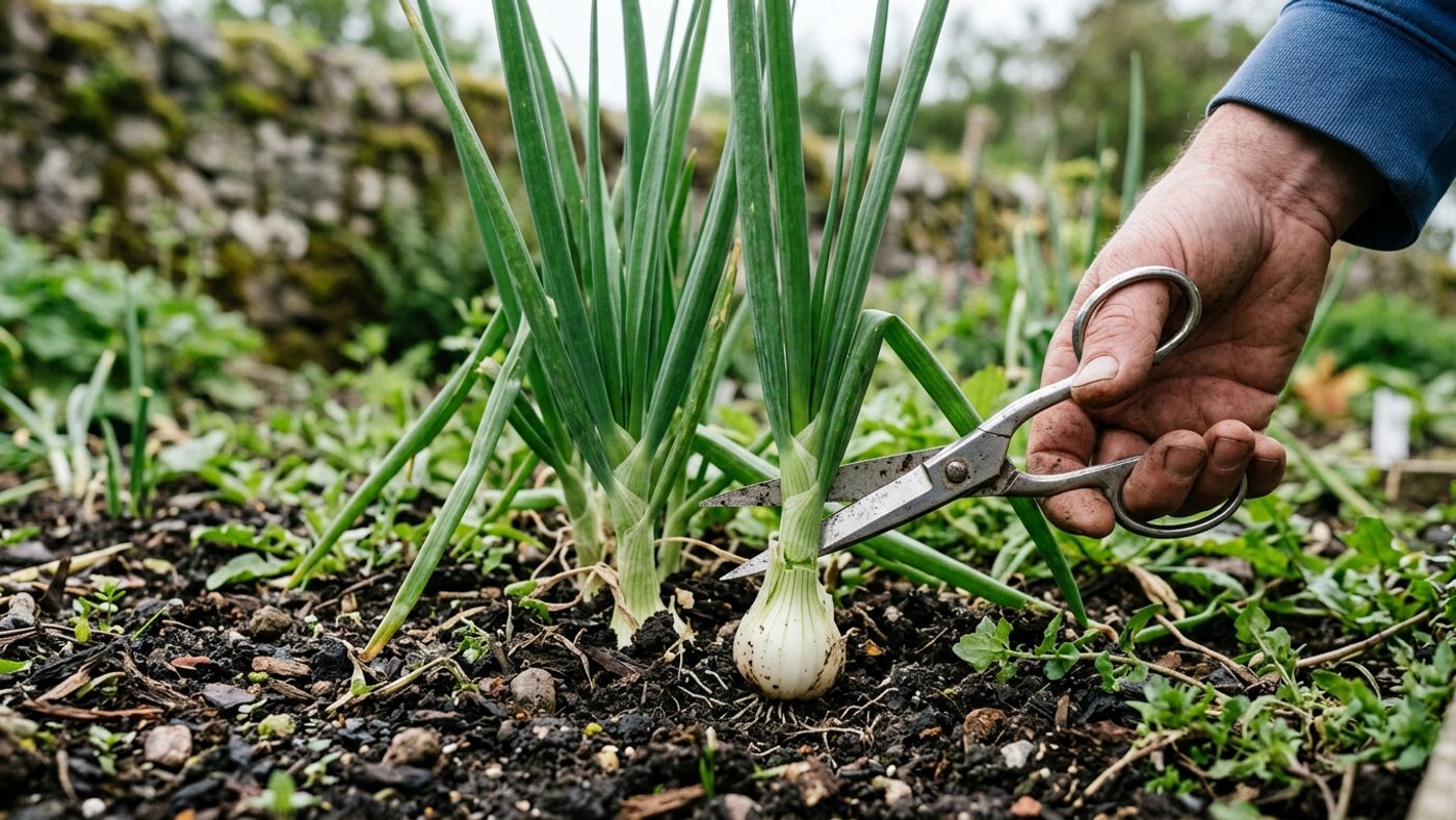 Scissors cutting the green leaves of a bunching onion, leaving the bulb in the ground to keep producing