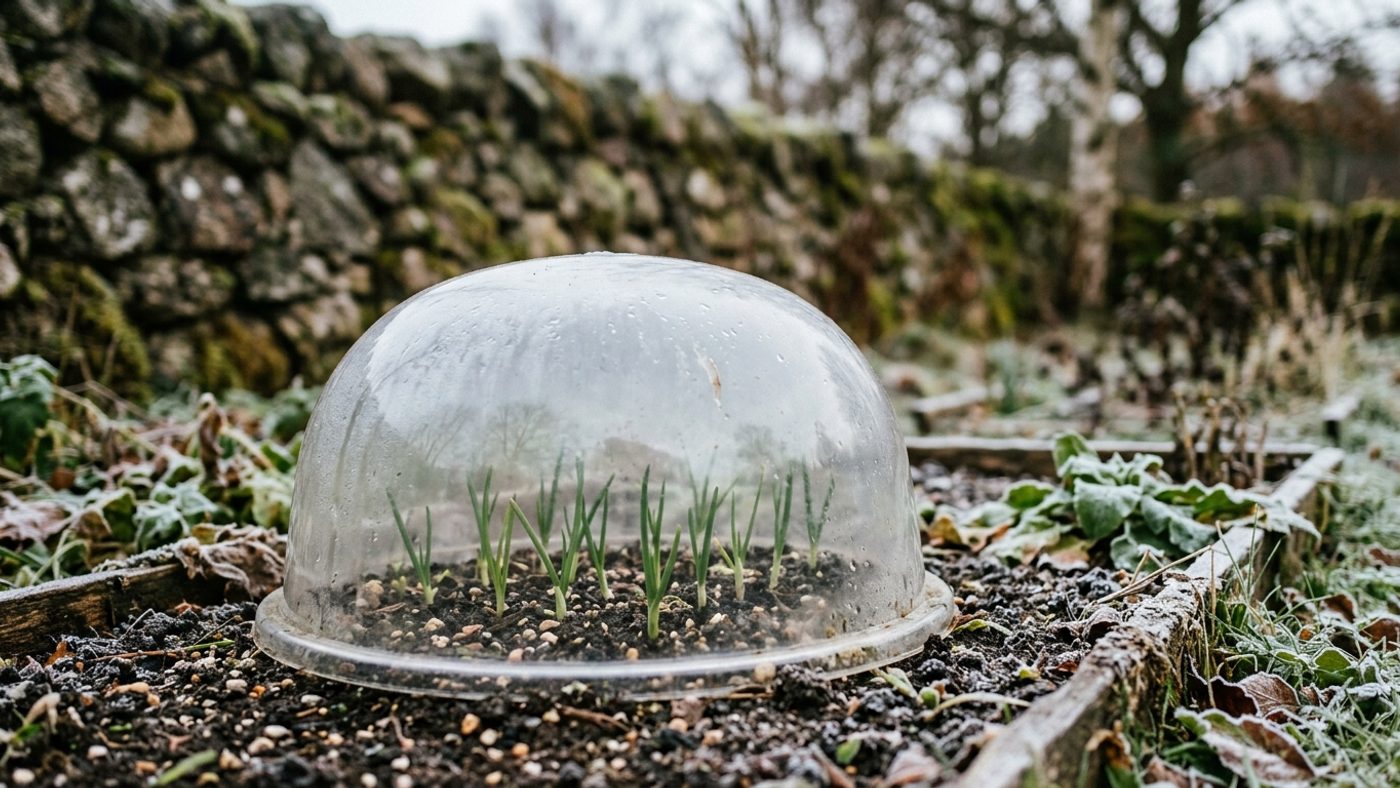 A row of young spring onions protected under a cloche through winter for an early spring crop