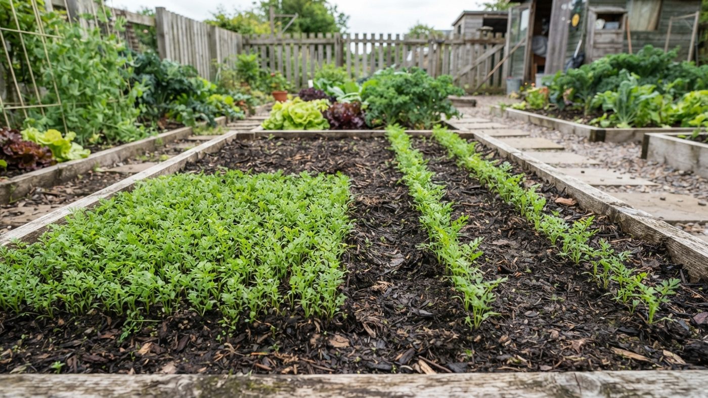 A tightly packed square of carrot seedlings in a grid next to a conventional wider-spaced row of carrot seedlings