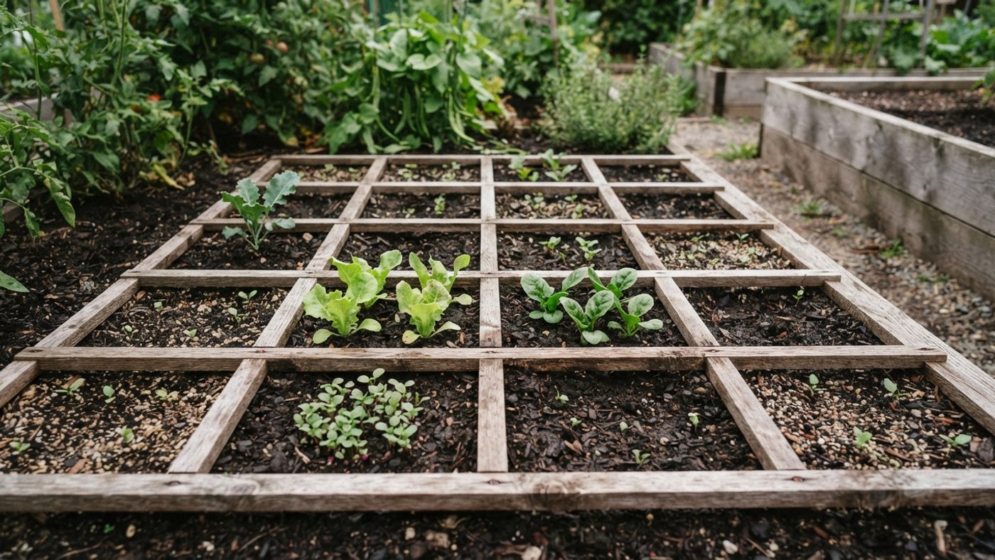 A close-up of a wooden grid frame dividing a raised bed into squares, with young seedlings growing in some of the squares