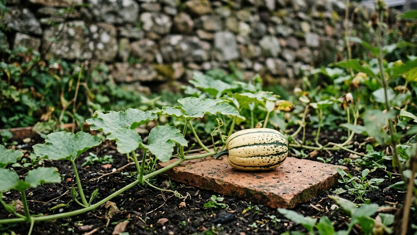A winter squash fruit resting on a tile to keep it off damp soil and prevent rot