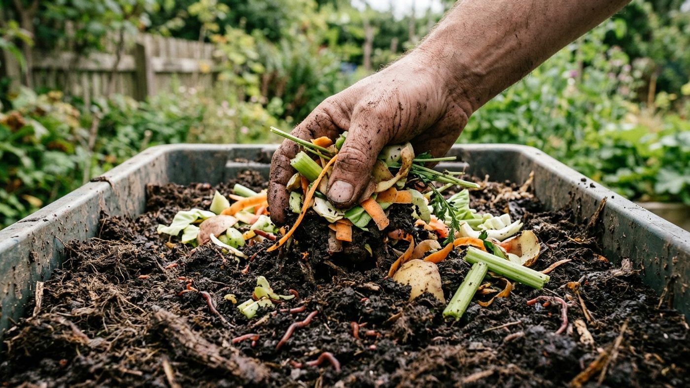A hand burying fresh vegetable kitchen scraps into the dark compost surface of an open wormery tray