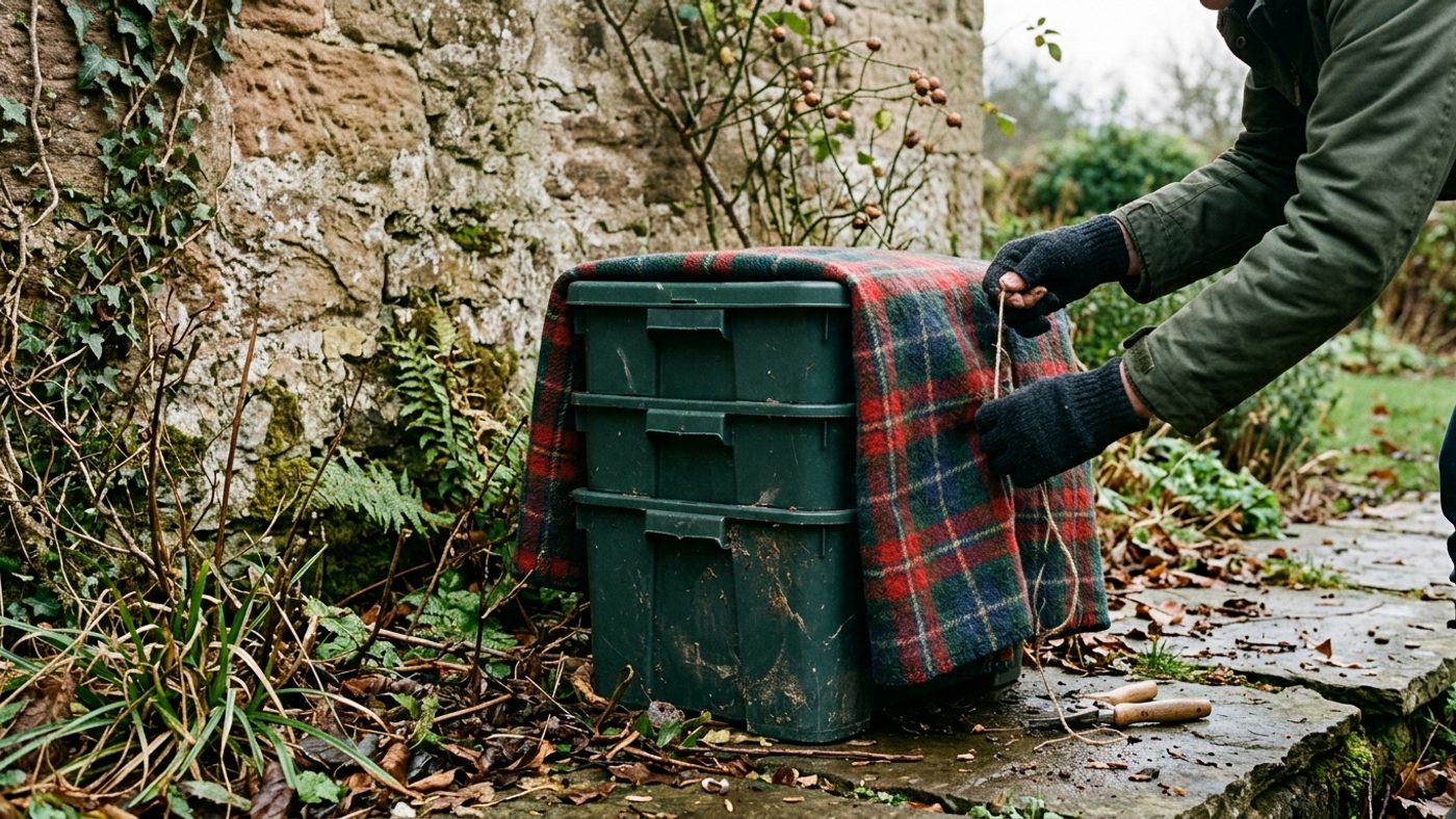 A plastic wormery bin being wrapped in an old blanket for winter insulation, sited against a stone house wall