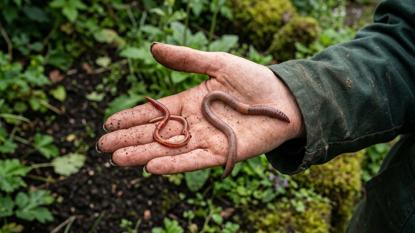 A reddish, distinctly striped composting worm next to a larger, plain brownish-pink garden earthworm
