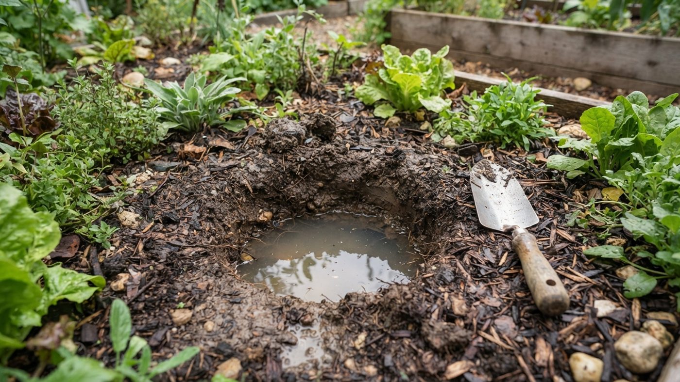 A dug test hole in a garden bed partly filled with water to check drainage