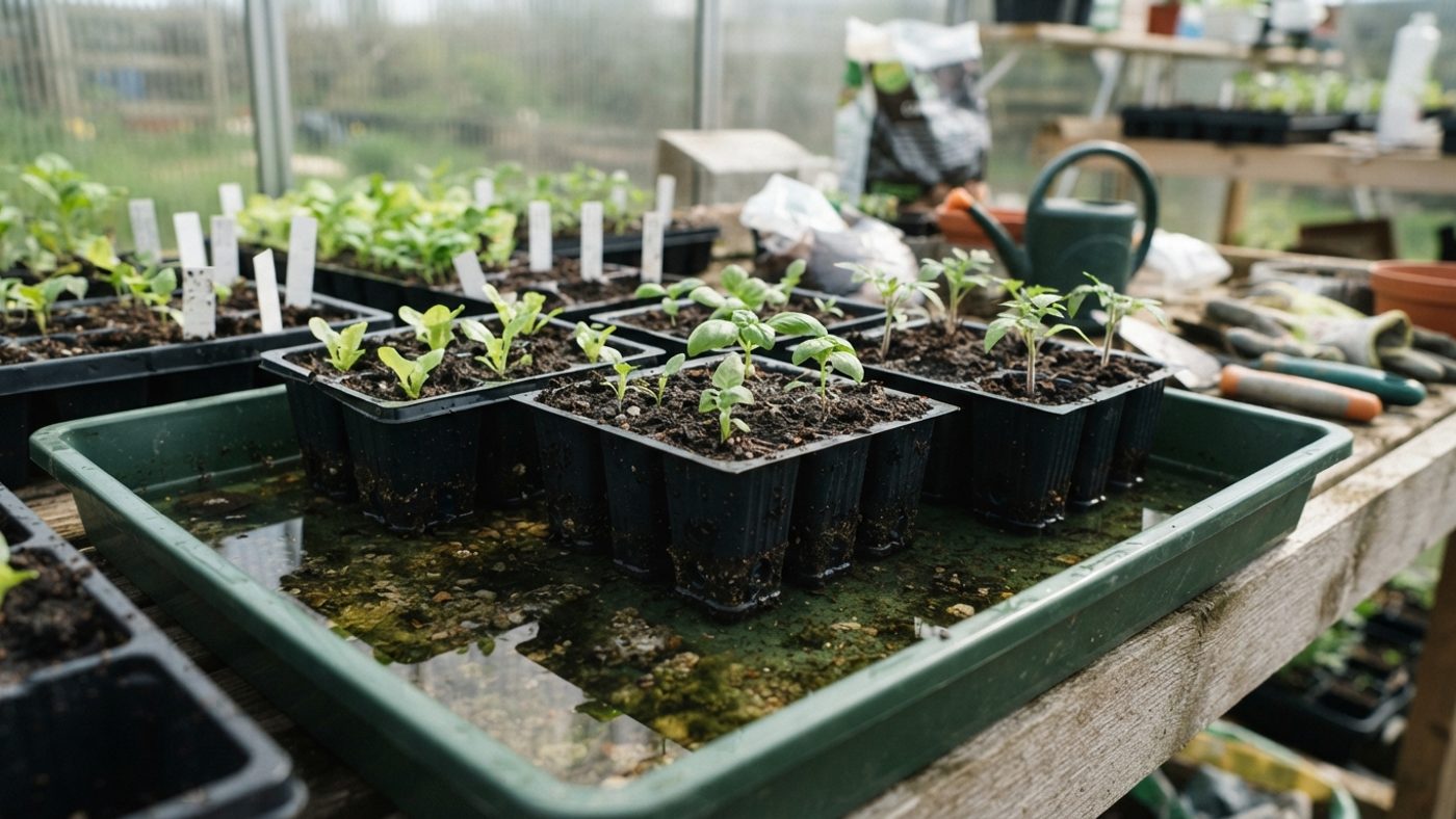 Seed trays standing in a shallow tray of water, being watered from below
