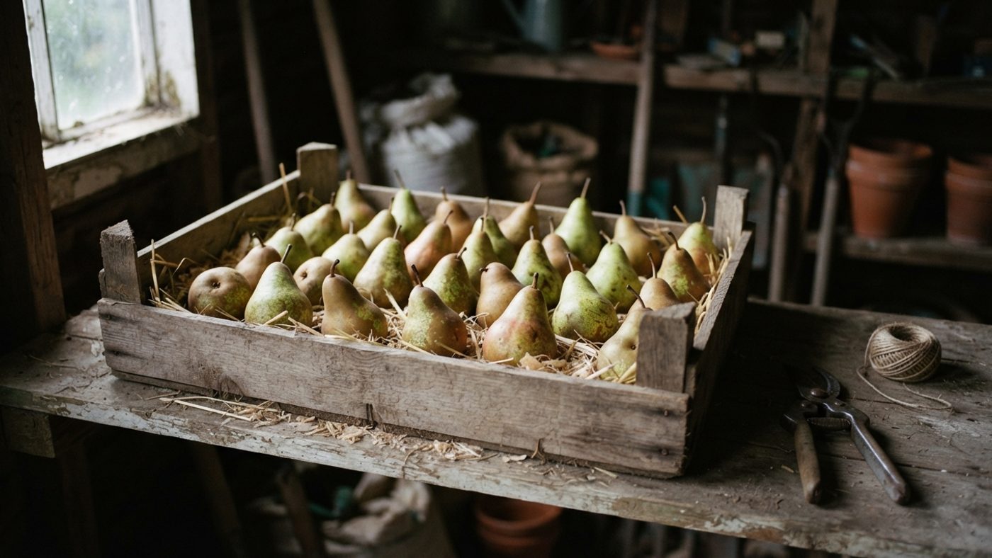 Pears laid out in a wooden crate in a cool storage area