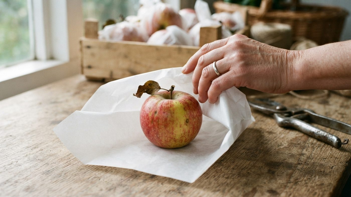 A hand wrapping a single apple in a sheet of plain paper