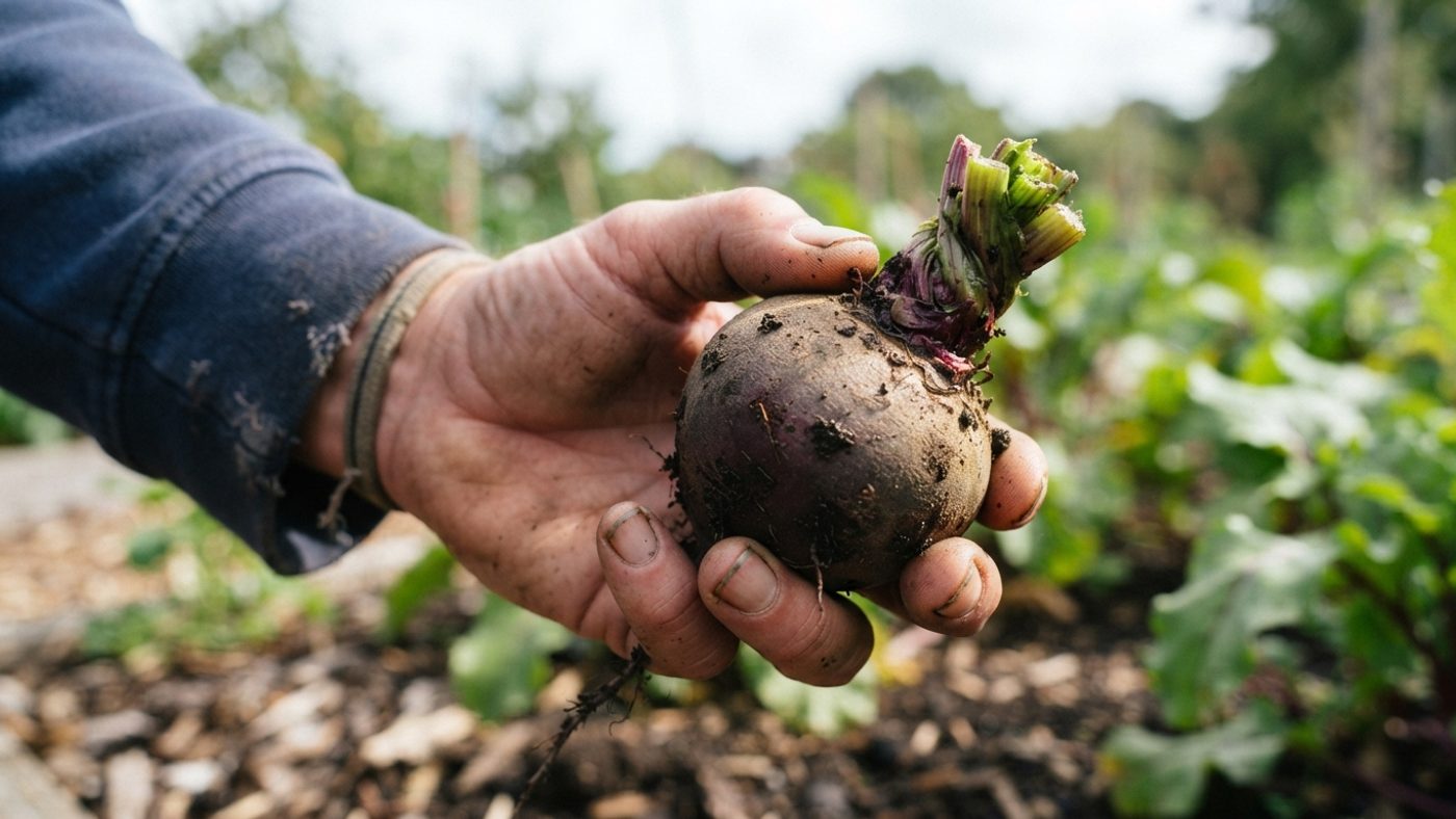 A hand holding a freshly lifted beetroot with soil brushed off and leaves twisted away