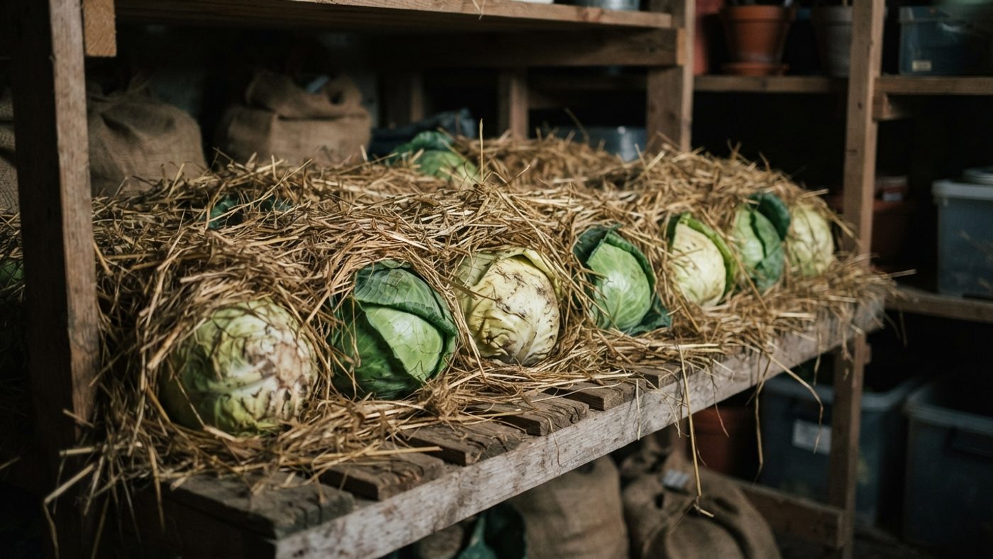 Straw loosely covering stored cabbage heads for frost protection