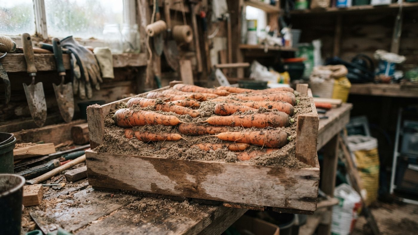 Carrots layered in a wooden box with damp sand for winter storage
