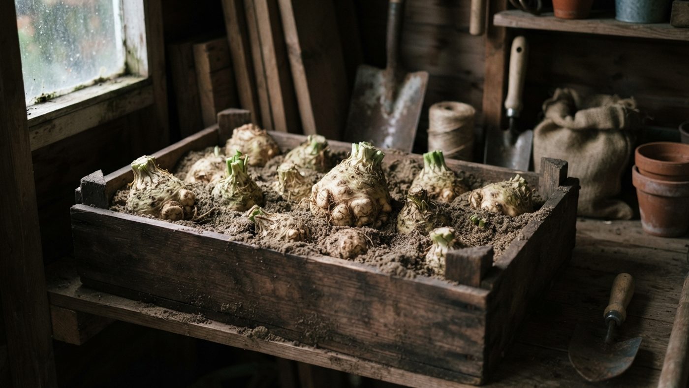 Lifted celeriac roots packed into a wooden box with moist sand