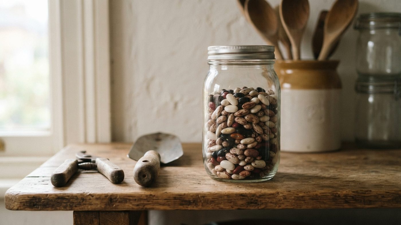 Dried beans stored in a sealed glass jar