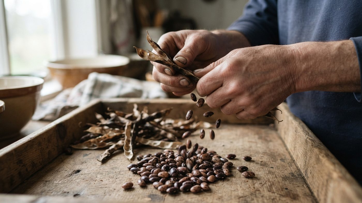 Hands shelling dried bean pods onto a tray
