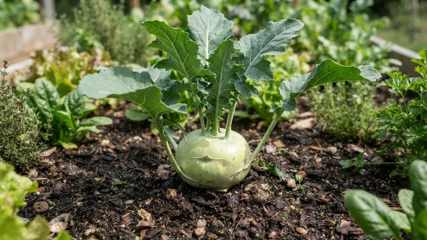 A close-up of a single kohlrabi bulb showing its swollen stem above the soil line