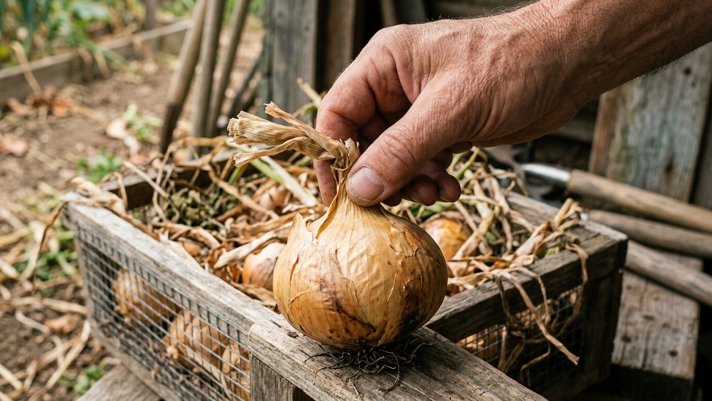 A hand gently squeezing the dry papery neck of an onion bulb to check it is firm all the way through