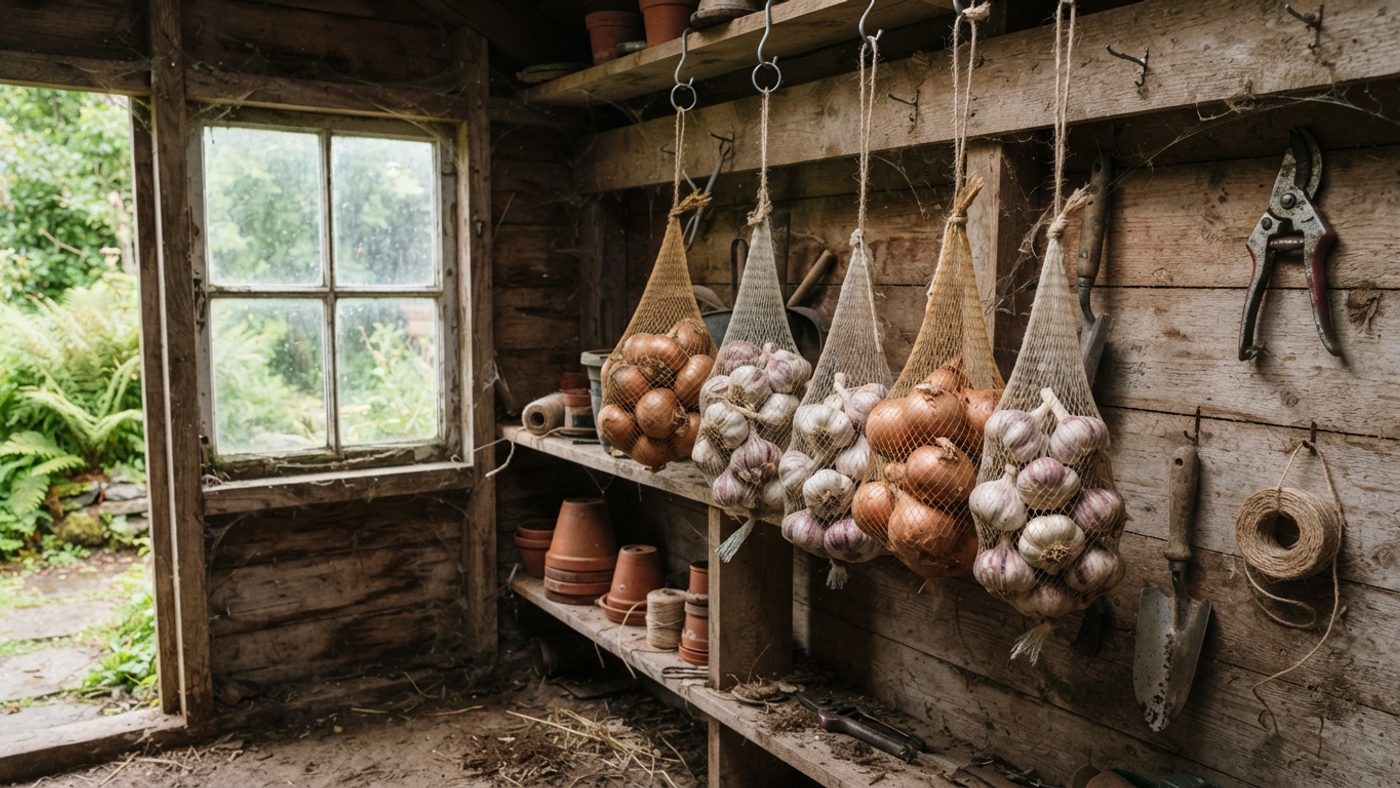 Net bags of cured onions and garlic hung from hooks in a cool, well-ventilated shed