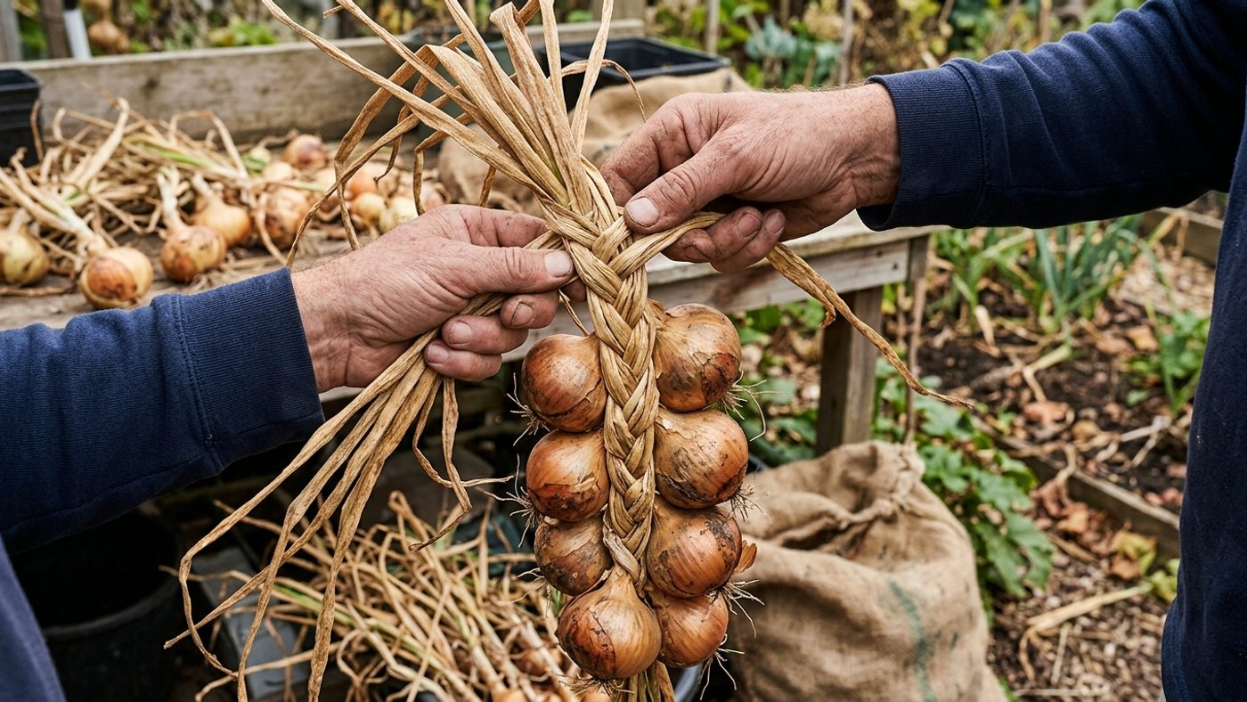 Hands braiding the dried papery foliage of onions together into a plait