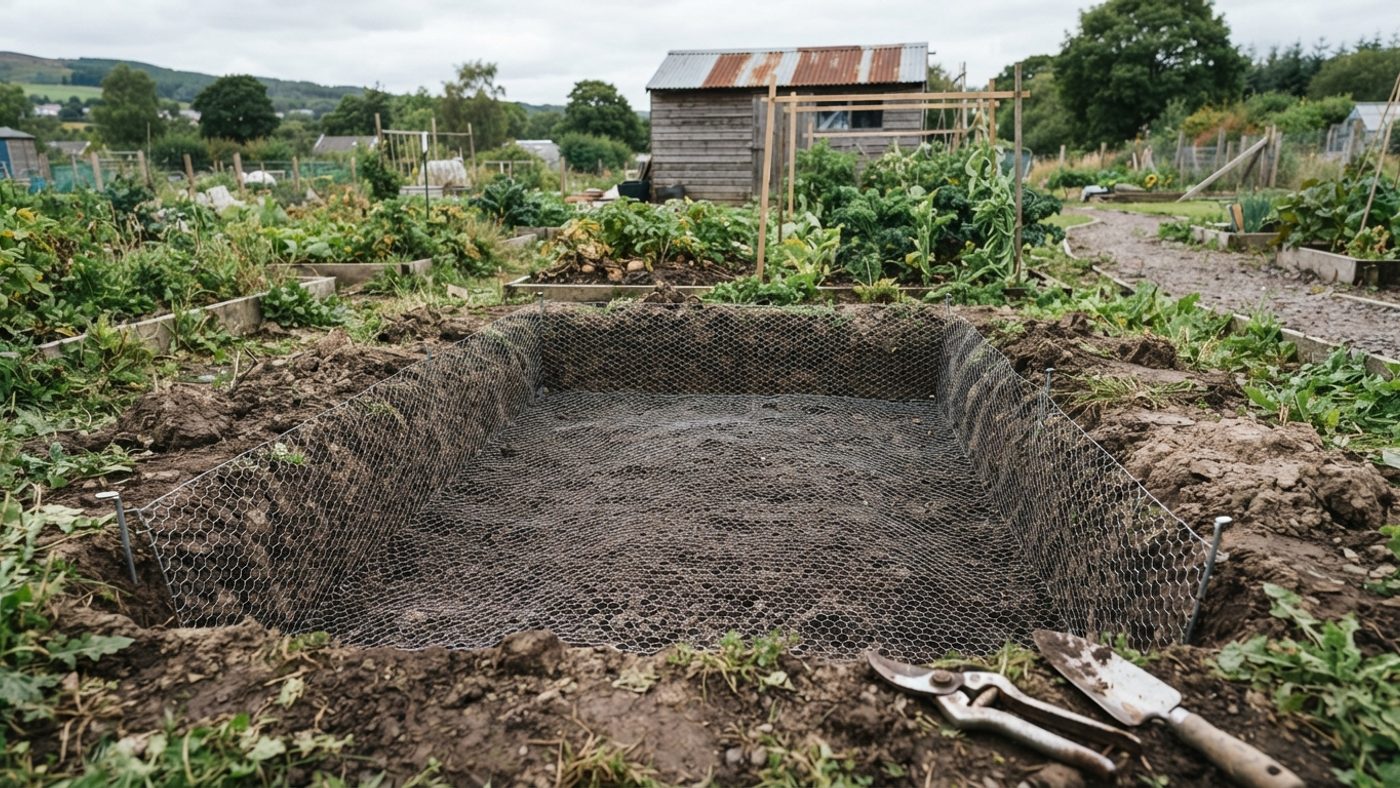 Fine wire mesh being laid across the base of a shallow pit before straw is added, lining the base of a potato clamp against rodents
