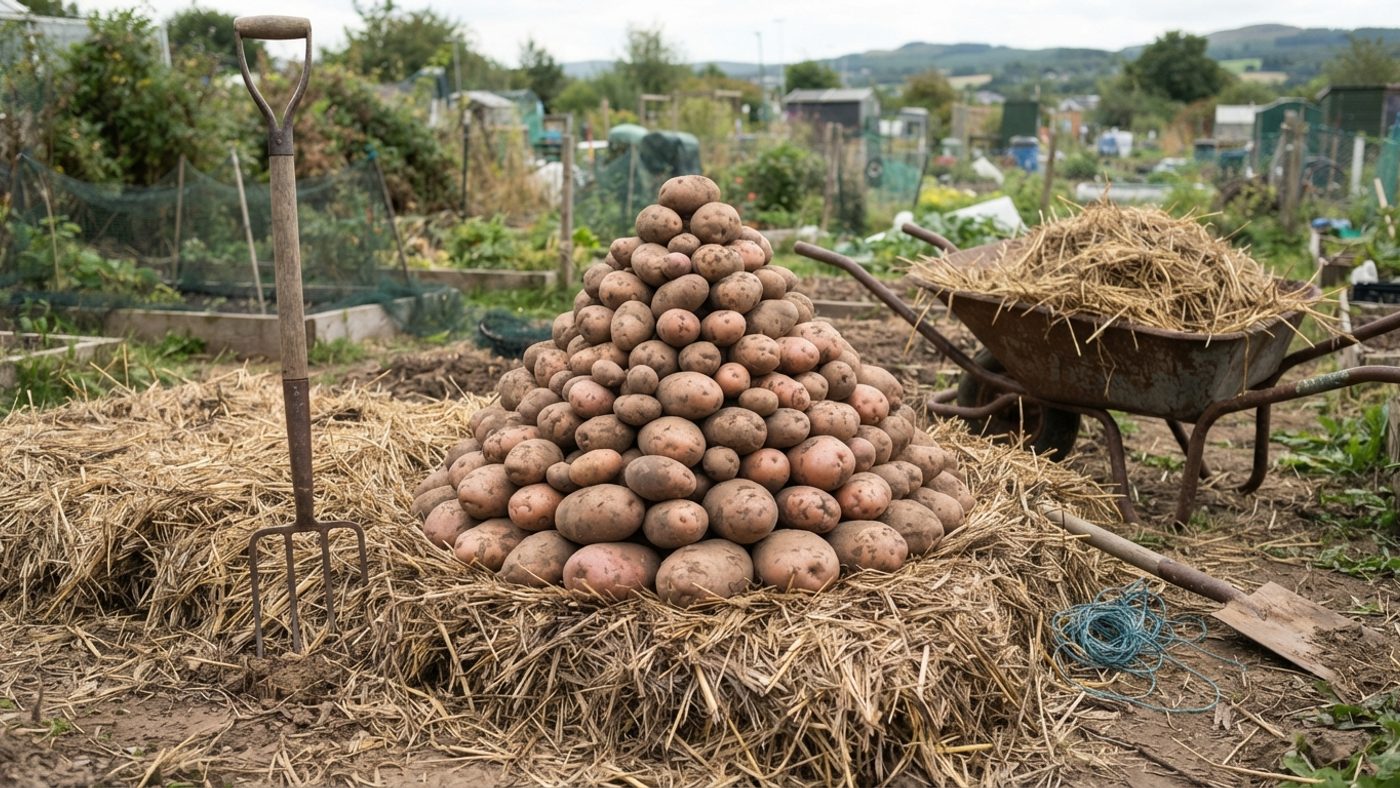 A pyramid of cured potatoes piled on a bed of straw, part of a clamp under construction before the soil cap is added