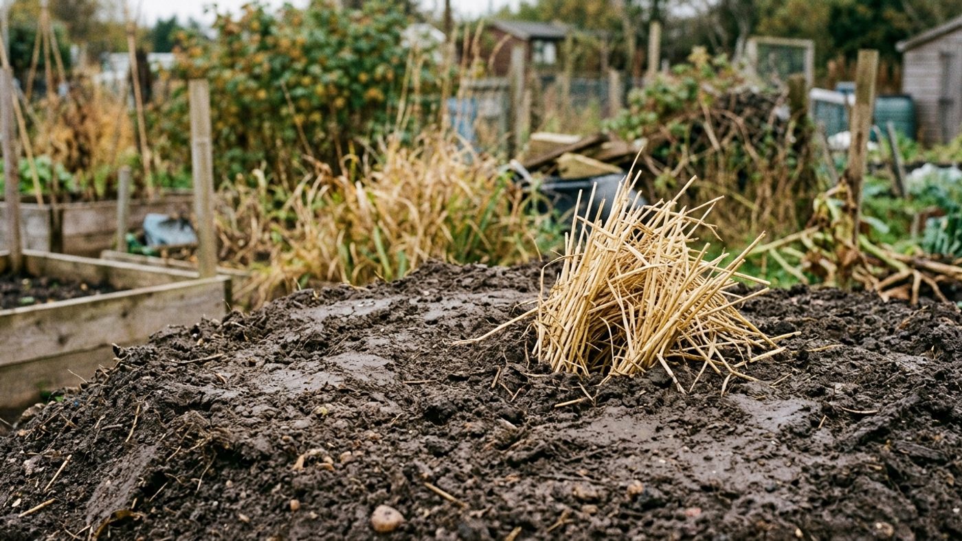 A close-up of a tuft of straw poking through the smooth soil cap of a potato clamp as a ventilation chimney