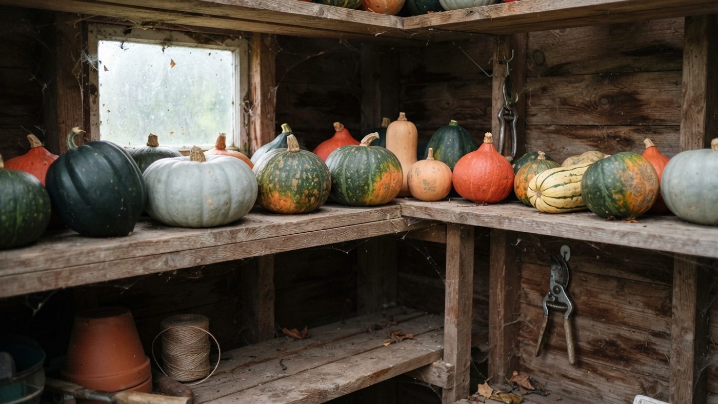 Squash stored spaced apart on a wooden shelf in a cool, well-ventilated shed