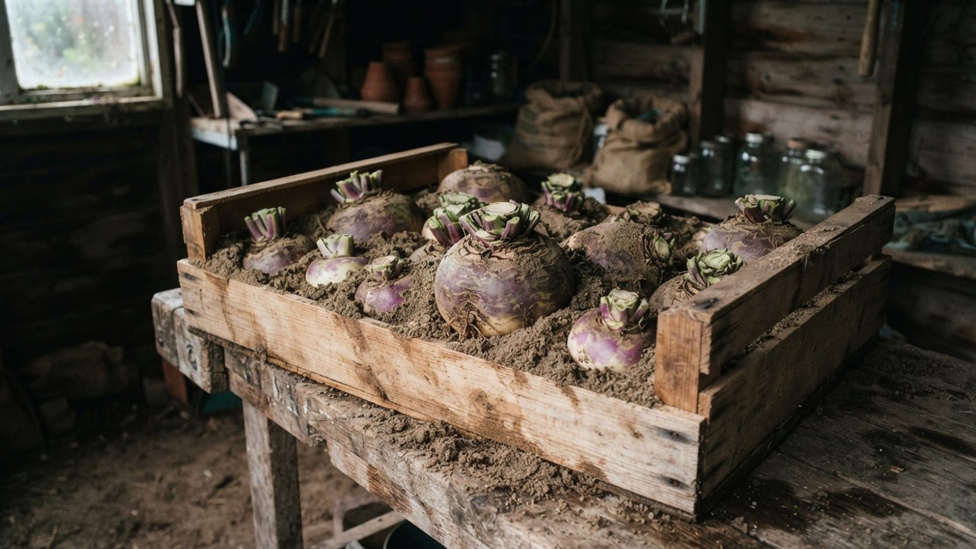 Lifted swedes and turnips packed into a wooden box with moist sand