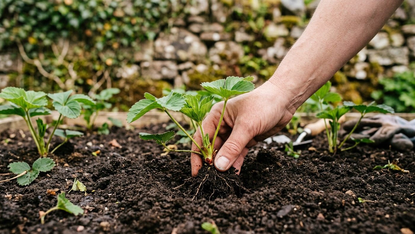 A hand planting a strawberry plant so its crown sits right at the soil surface, roots spread out below