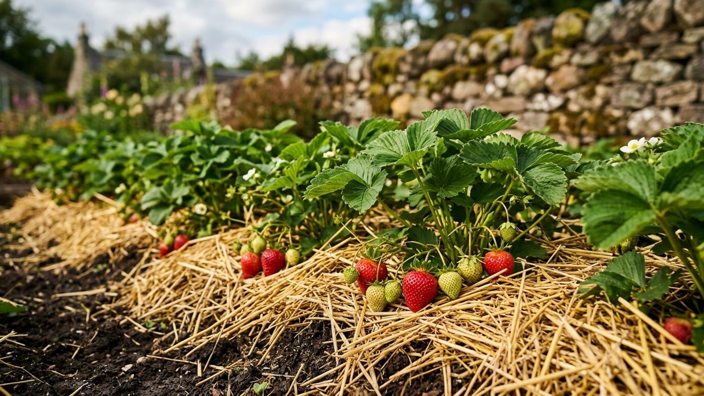 A layer of straw tucked under strawberry plants, lifting the ripening berries off the damp soil