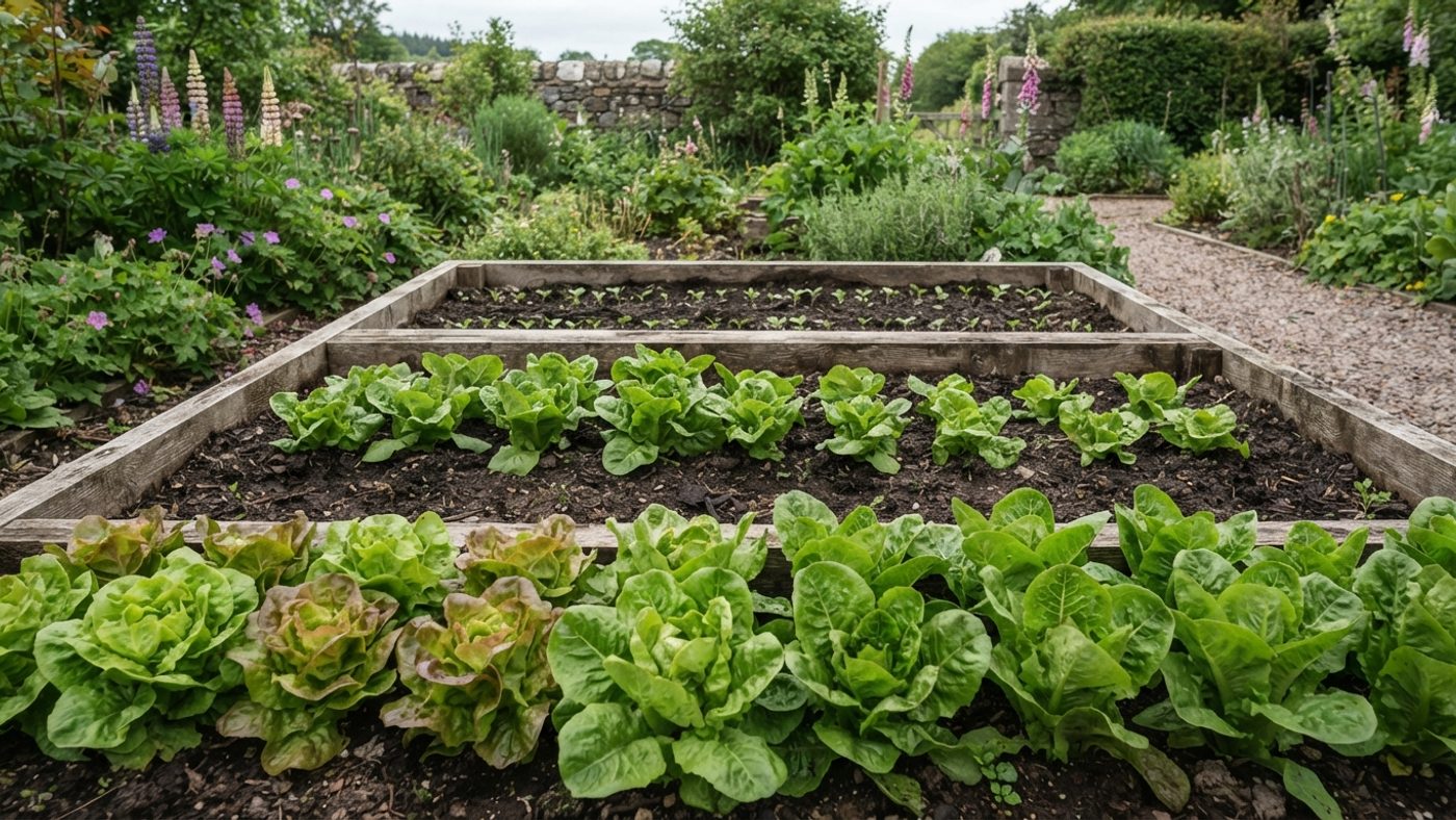 Three short rows of lettuce in one bed, one row of full mature heads, one row half-grown, one row of tiny seedlings