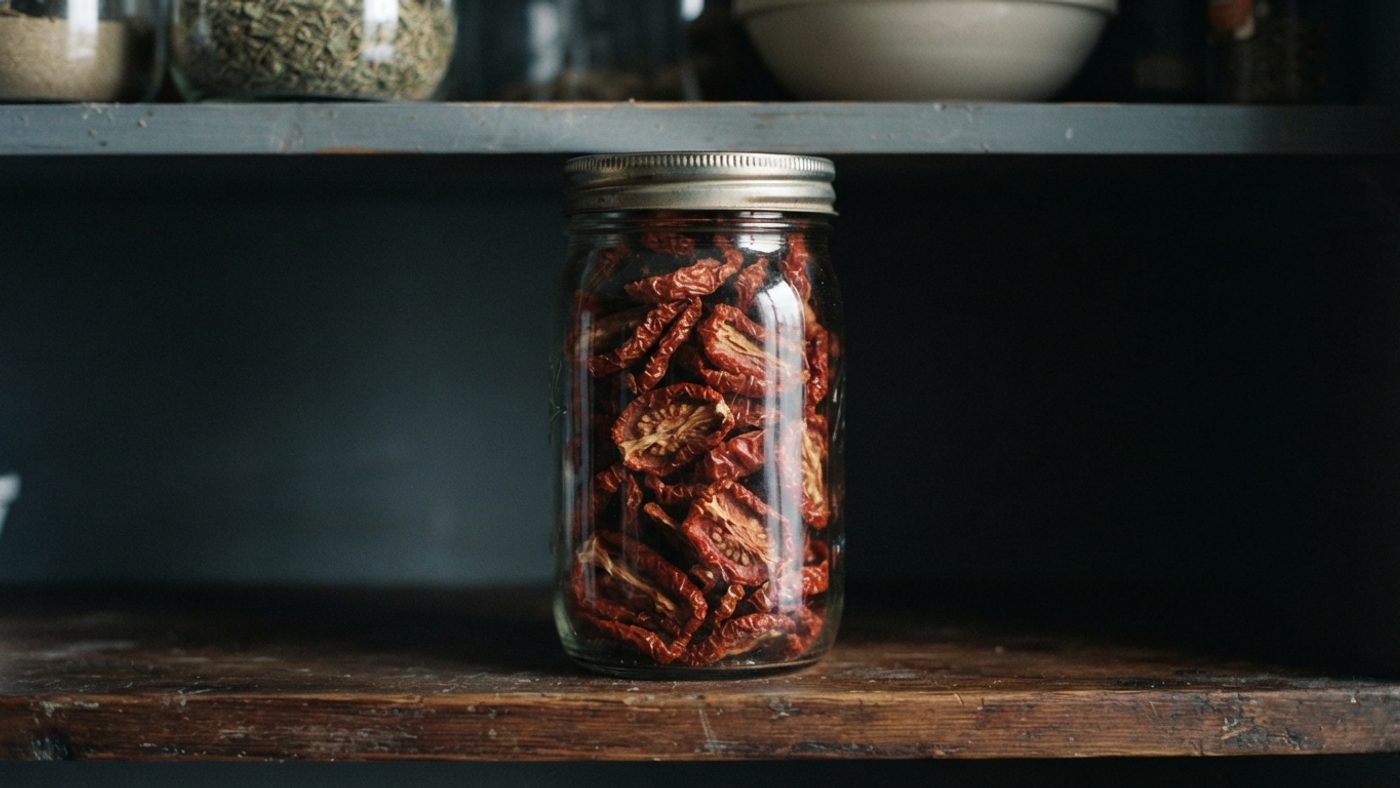 Dried tomato pieces stored in a clean glass jar without oil, on a cool cupboard shelf